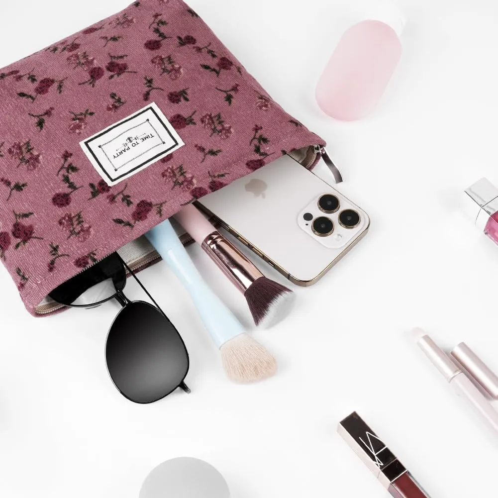 Aucuu Beauty Case da Viaggio in Velluto a Coste con Motivo Floreale per Cosmetici e Trucchi - immagine 5