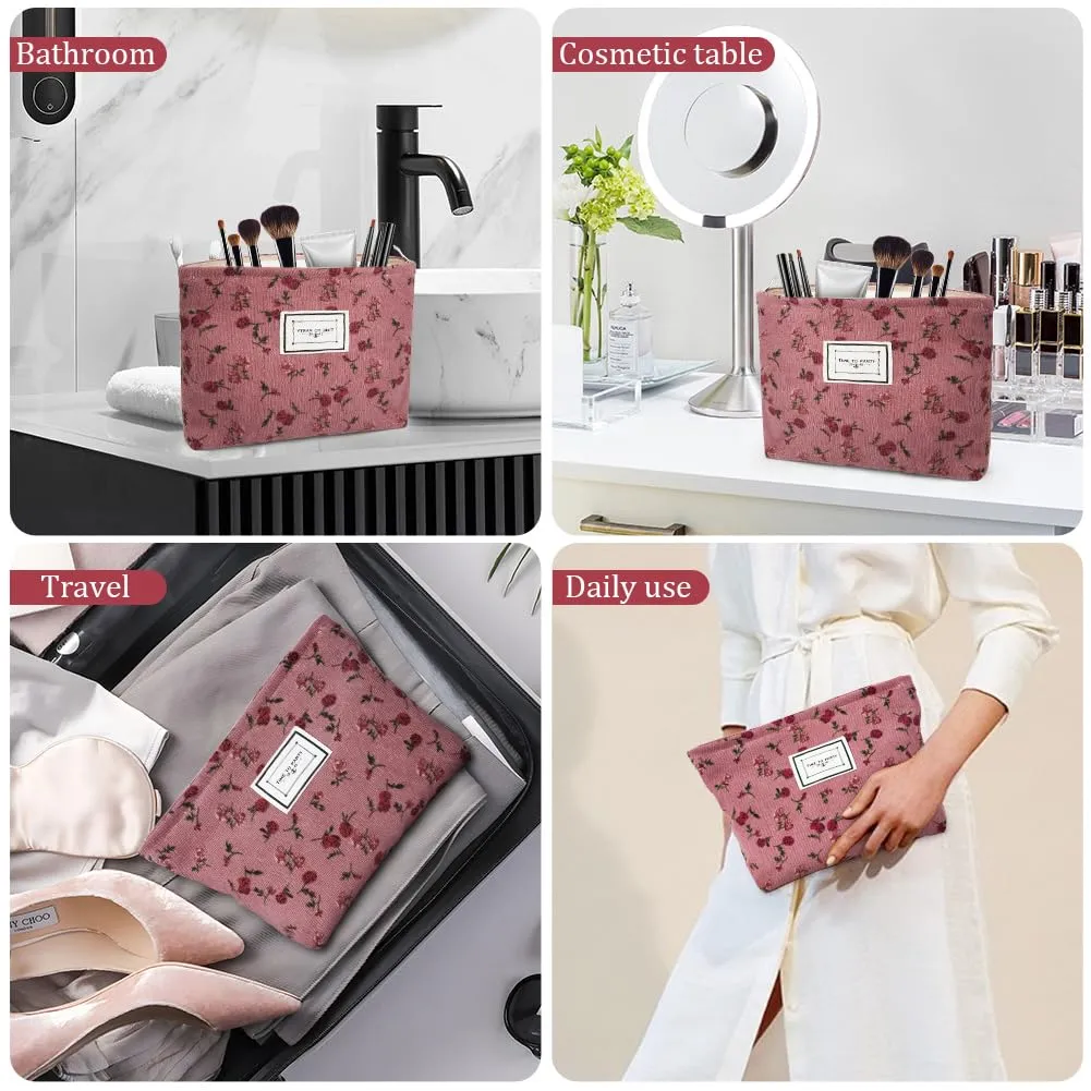 Aucuu Beauty Case da Viaggio in Velluto a Coste con Motivo Floreale per Cosmetici e Trucchi - immagine 7