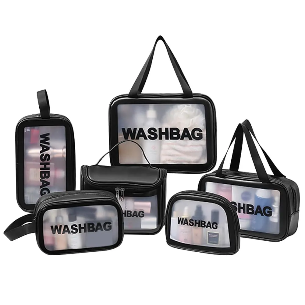 Aucuu Borse da Toilette Trasparente in PVC e PU, Set di 6 Pezzi, Impermeabile per Viaggio e Cosmetici - immagine 9