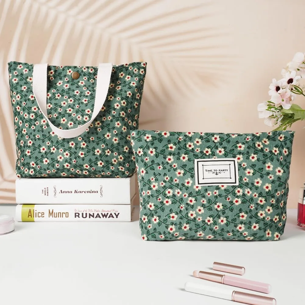 Aucuu Beauty Case da Viaggio, Borsa Cosmetica in Velluto a Coste Floreale, Set da 2 Pezzi - immagine 4