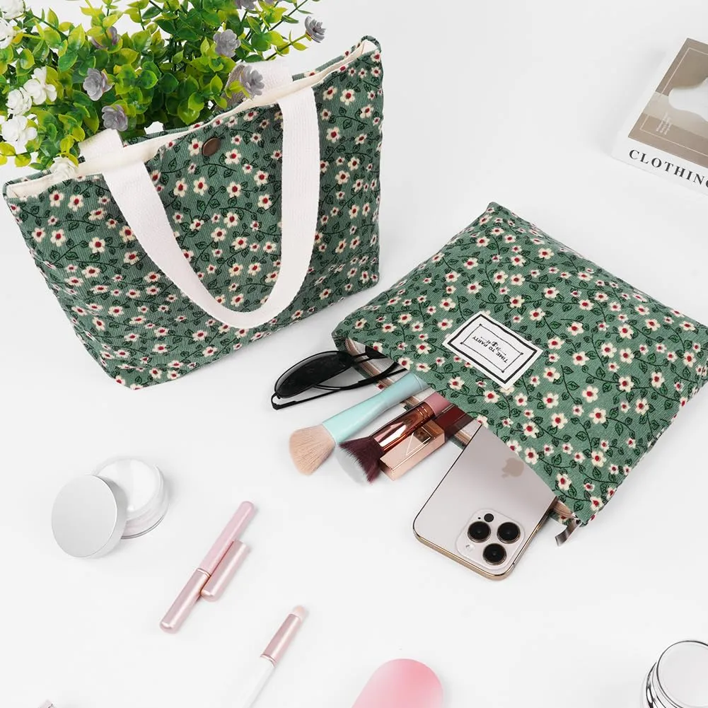 Aucuu Beauty Case da Viaggio, Borsa Cosmetica in Velluto a Coste Floreale, Set da 2 Pezzi - immagine 6