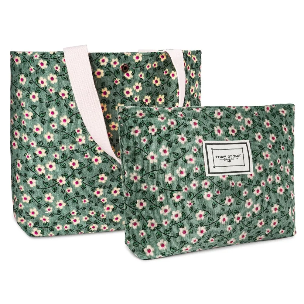 Aucuu Beauty Case da Viaggio, Borsa Cosmetica in Velluto a Coste Floreale, Set da 2 Pezzi - immagine 9