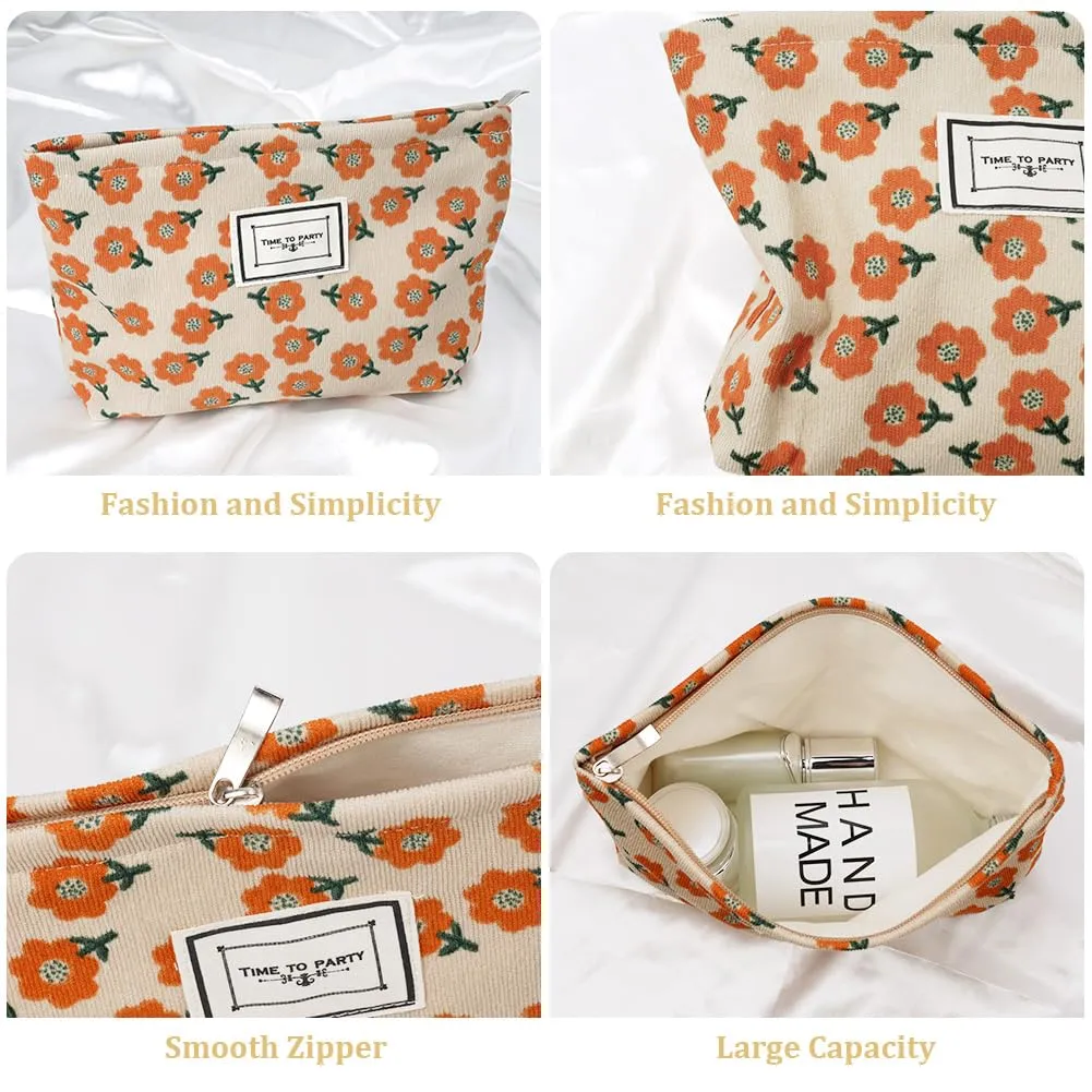 Aucuu Beauty Case da Viaggio, Borsa per Cosmetici e Trucchi in Velluto a Coste, Motivo Floreale, 2 Pezzi - immagine 3
