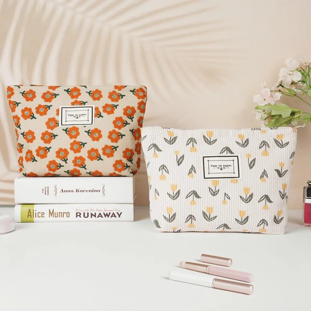 Aucuu Beauty Case da Viaggio, Borsa per Cosmetici e Trucchi in Velluto a Coste, Motivo Floreale, 2 Pezzi - immagine 4