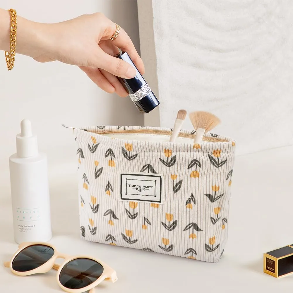 Aucuu Beauty Case da Viaggio, Borsa per Cosmetici e Trucchi in Velluto a Coste, Motivo Floreale, 2 Pezzi - immagine 5