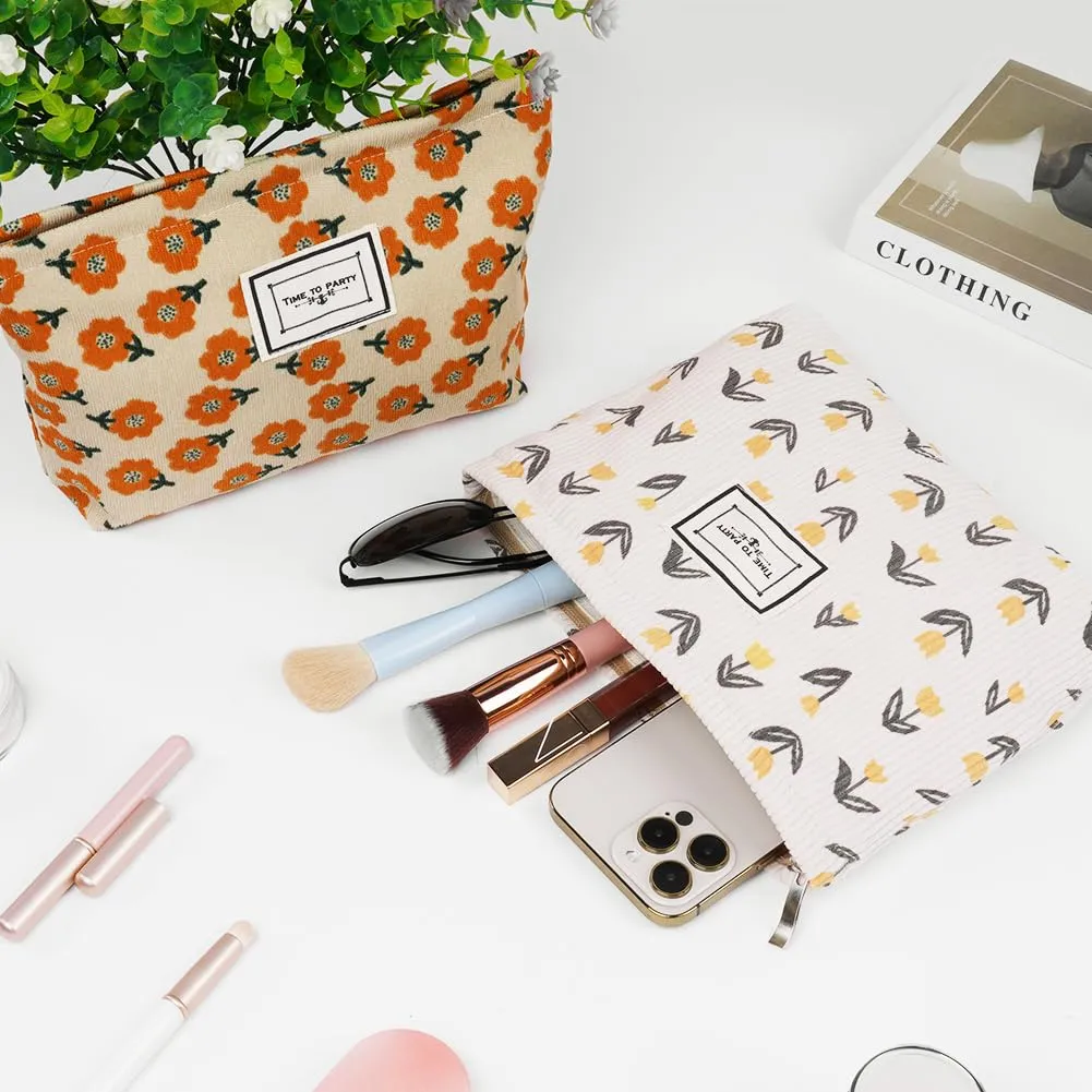 Aucuu Beauty Case da Viaggio, Borsa per Cosmetici e Trucchi in Velluto a Coste, Motivo Floreale, 2 Pezzi - immagine 6