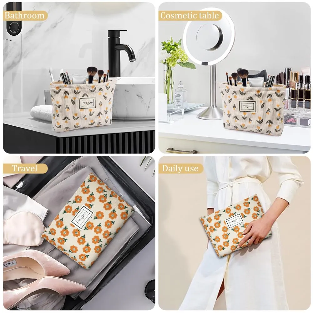 Aucuu Beauty Case da Viaggio, Borsa per Cosmetici e Trucchi in Velluto a Coste, Motivo Floreale, 2 Pezzi - immagine 8