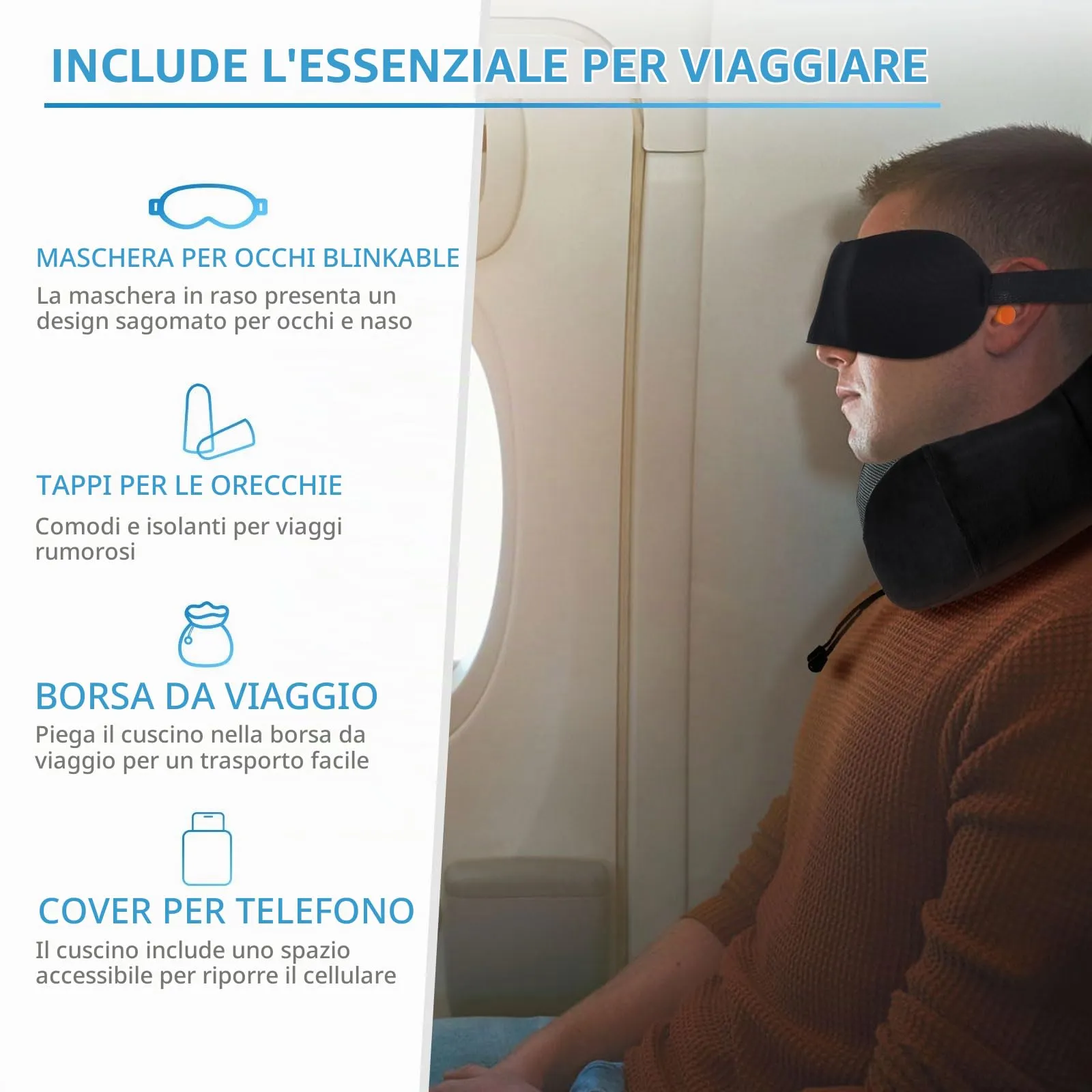 SOMLAW Set 2 Cuscini da Viaggio in Memory Foam con Maschera per Dormire e Borsa per Trasporto - immagine 2