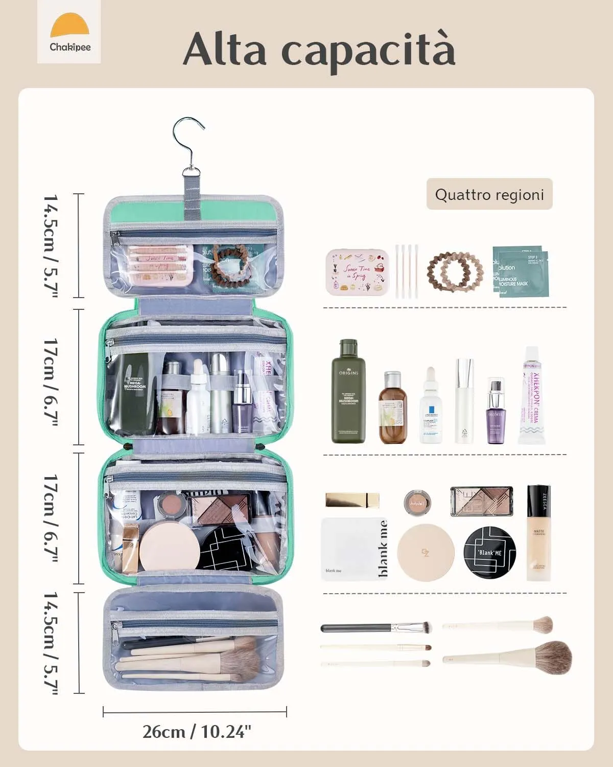 Chakipee Beauty Case da Viaggio da Appendere, Organizer Trucchi Impermeabile con Finestra Trasparente, Verde, Media - immagine 3