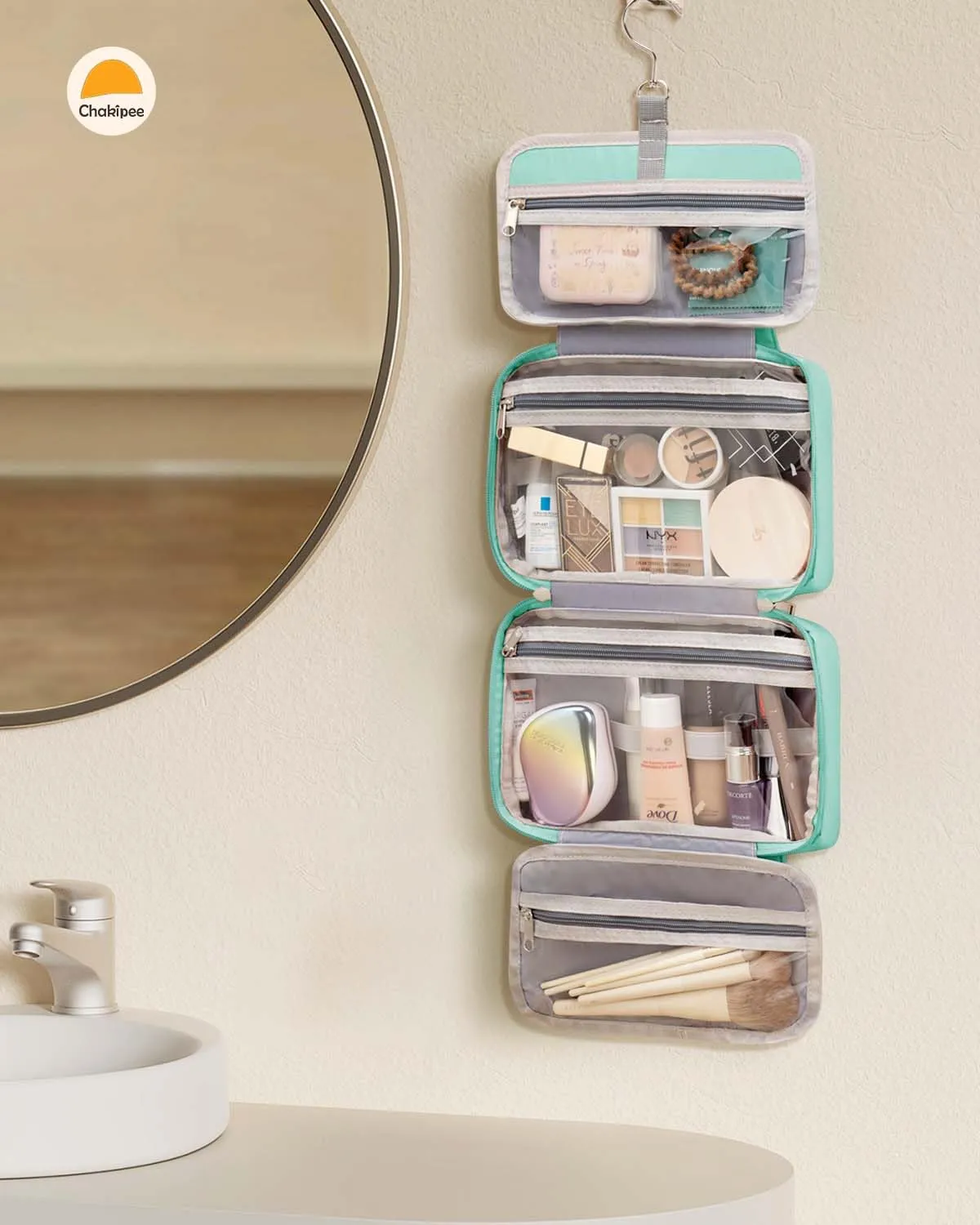 Chakipee Beauty Case da Viaggio da Appendere, Organizer Trucchi Impermeabile con Finestra Trasparente, Verde, Media - immagine 7