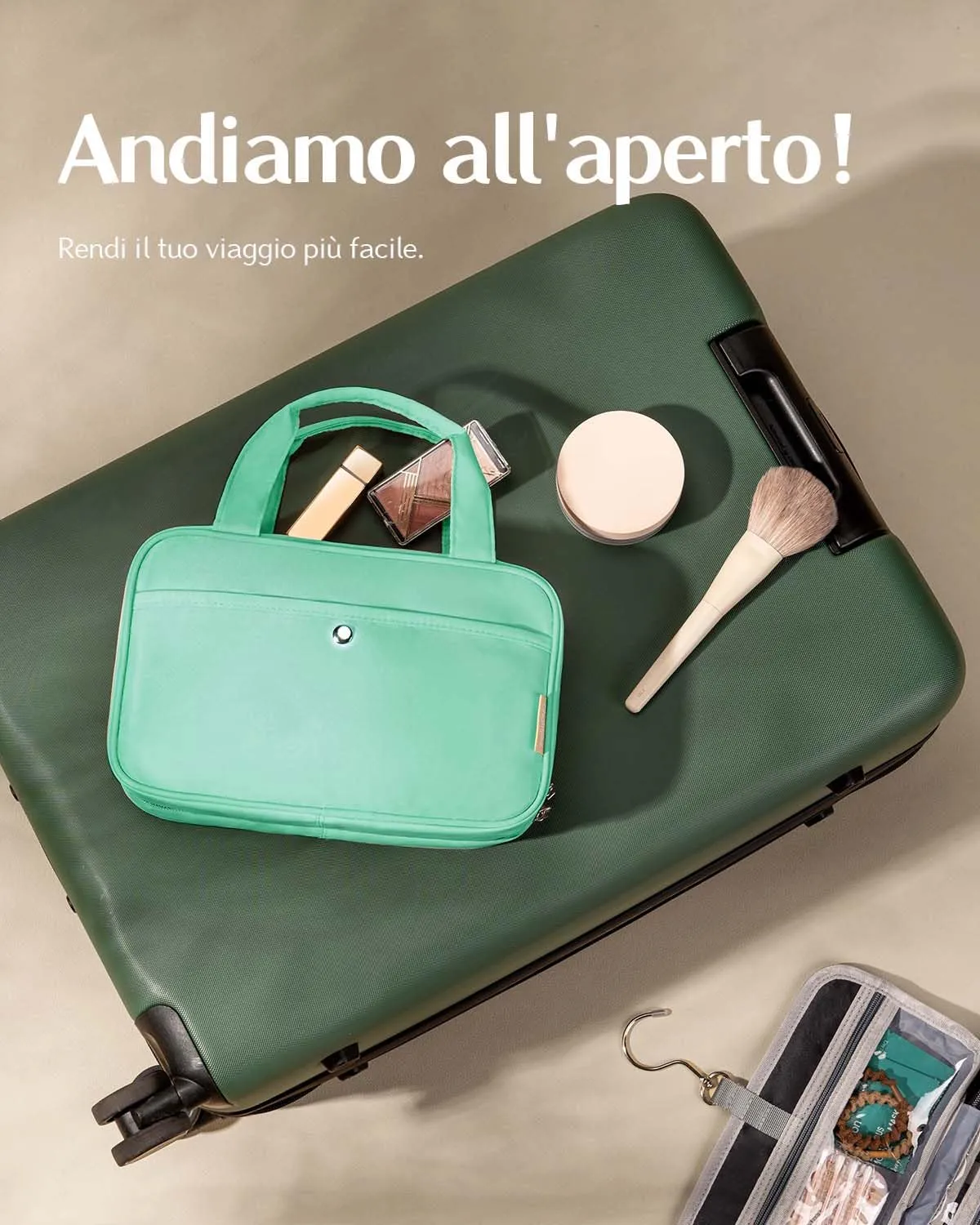 Chakipee Beauty Case da Viaggio da Appendere, Organizer Trucchi Impermeabile con Finestra Trasparente, Verde, Media - immagine 8