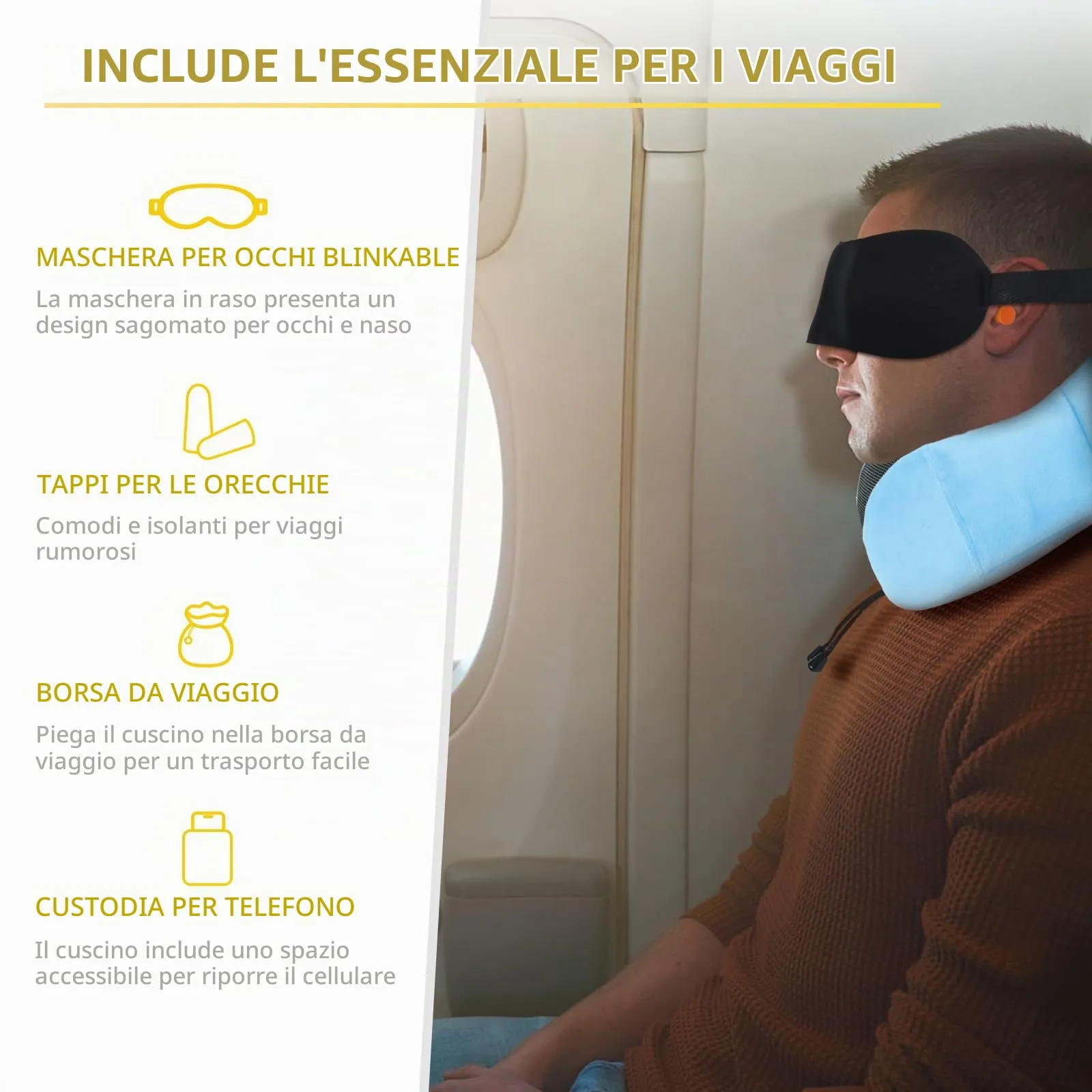 SOMLAW Cuscino da Viaggio in Memory Foam con Maschera per gli Occhi, Tappi per le Orecchie e Borsa - immagine 2