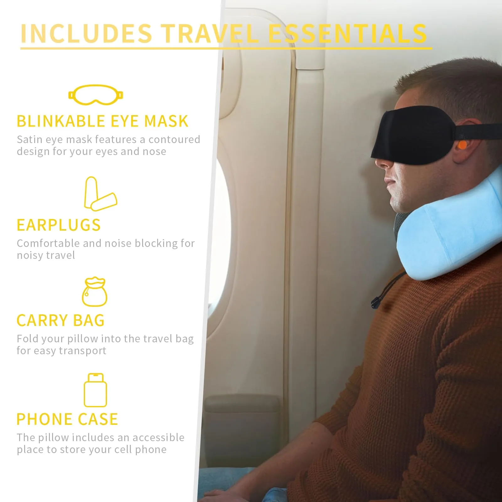 SOMLAW Cuscino da Viaggio per Collo in Memory Foam Regolabile, Set di 2 con Mascherina per Dormire, Tappi Auricolari e Borsa per Trasporto - immagine 2