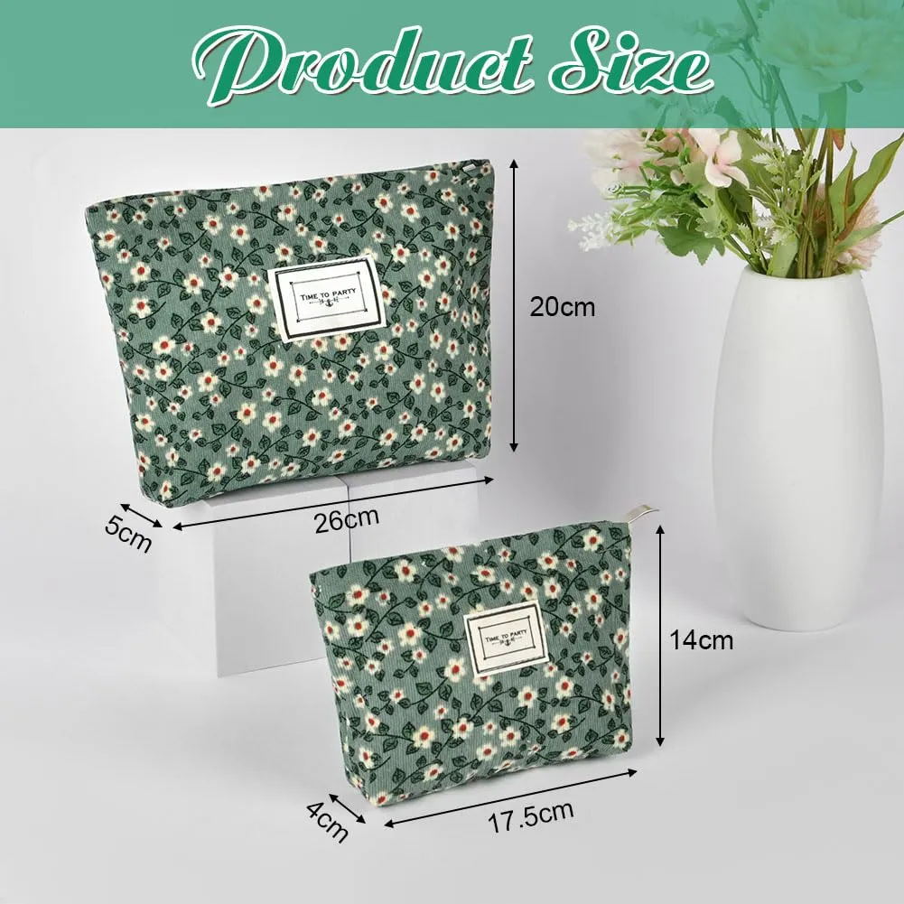 Aucuu Beauty Case da Viaggio, 2 Pezzi, Borsa Cosmetica in Velluto a Coste con Motivo Floreale per Donna - immagine 2