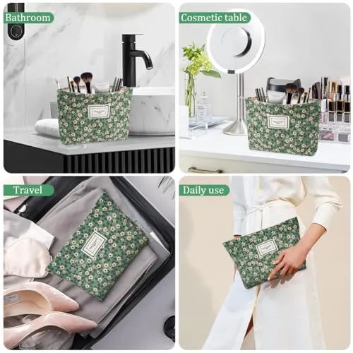 Aucuu Beauty Case da Viaggio, 2 Pezzi, Borsa Cosmetica in Velluto a Coste con Motivo Floreale per Donna - immagine 3