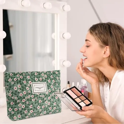Aucuu Beauty Case da Viaggio, 2 Pezzi, Borsa Cosmetica in Velluto a Coste con Motivo Floreale per Donna - immagine 6