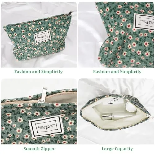 Aucuu Beauty Case da Viaggio, 2 Pezzi, Borsa Cosmetica in Velluto a Coste con Motivo Floreale per Donna - immagine 7