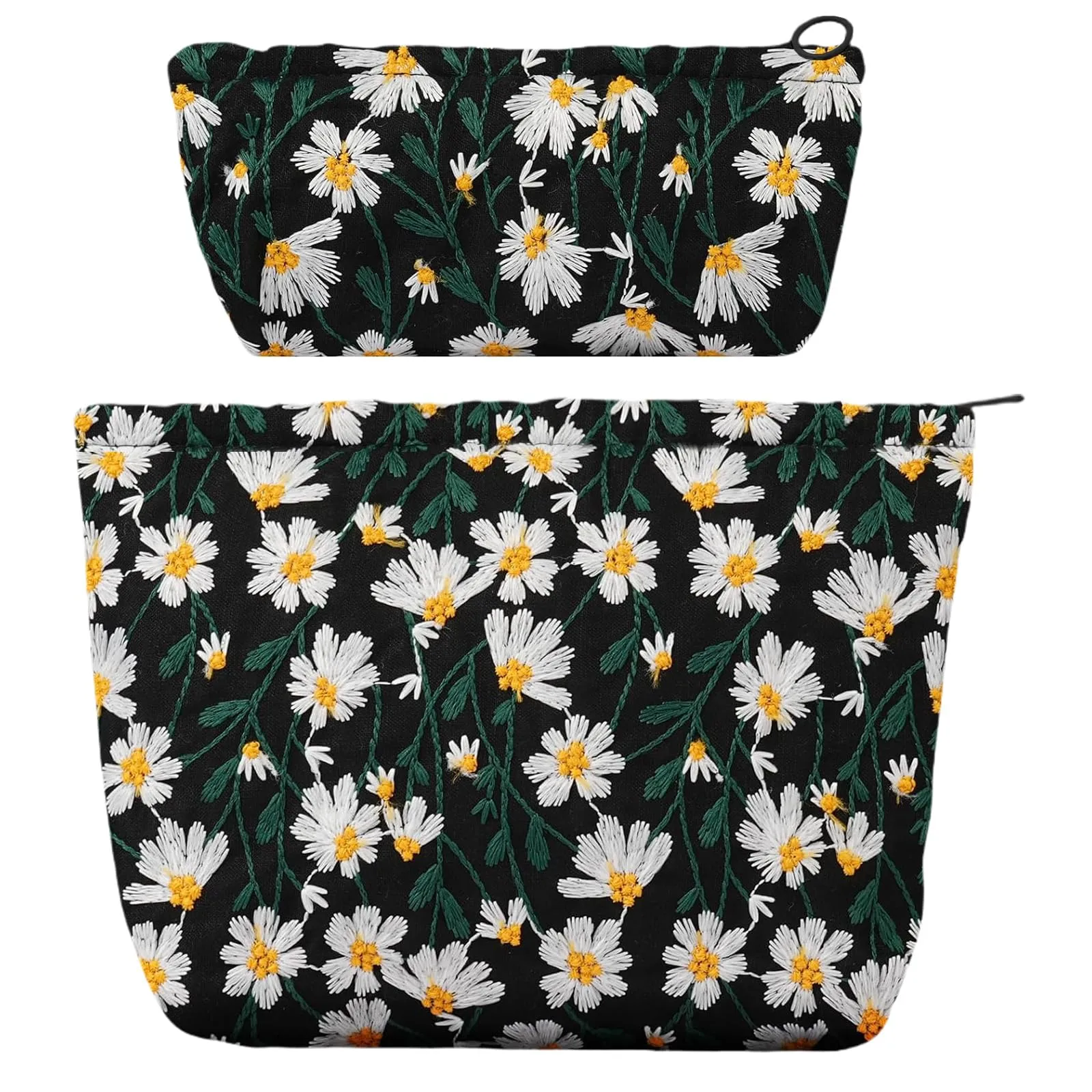 Aucuu Beauty Case Set di 2 Borse Cosmetiche Ricamate Floreali, 26x18cm e 19x18cm, Nero - immagine 1