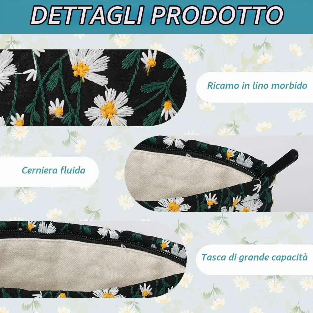 Aucuu Beauty Case Set di 2 Borse Cosmetiche Ricamate Floreali, 26x18cm e 19x18cm, Nero - immagine 3