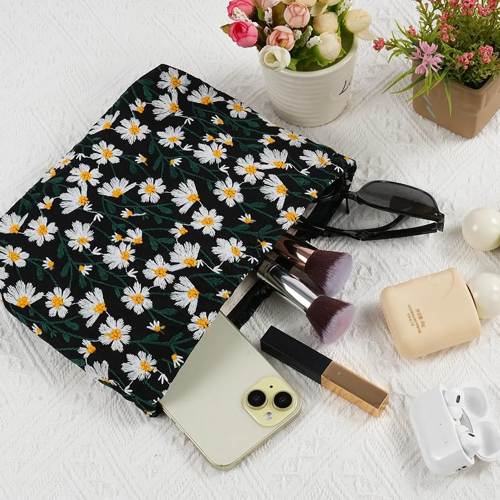 Aucuu Beauty Case Set di 2 Borse Cosmetiche Ricamate Floreali, 26x18cm e 19x18cm, Nero - immagine 4