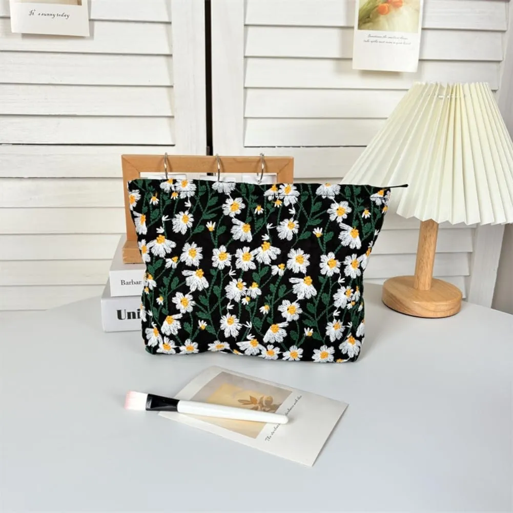 Aucuu Beauty Case Set di 2 Borse Cosmetiche Ricamate Floreali, 26x18cm e 19x18cm, Nero - immagine 6