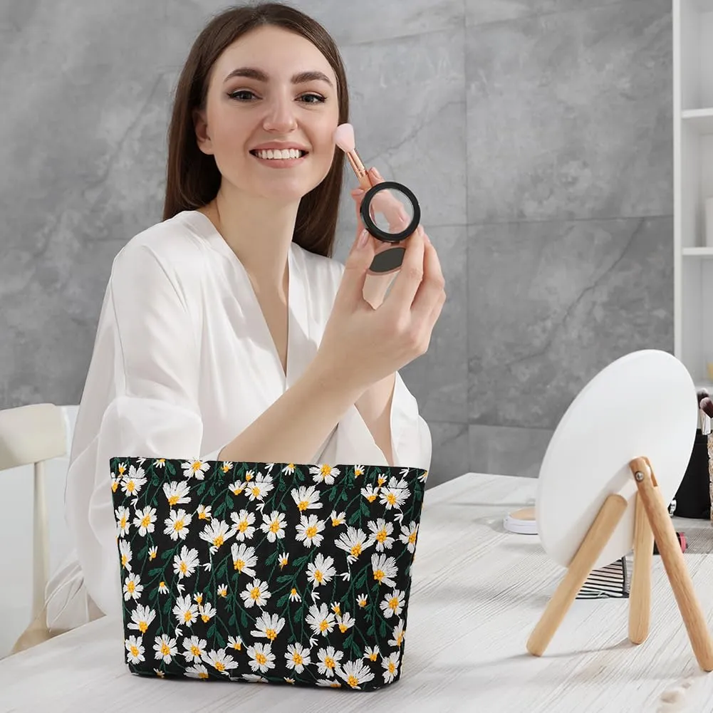 Aucuu Beauty Case Set di 2 Borse Cosmetiche Ricamate Floreali, 26x18cm e 19x18cm, Nero - immagine 7