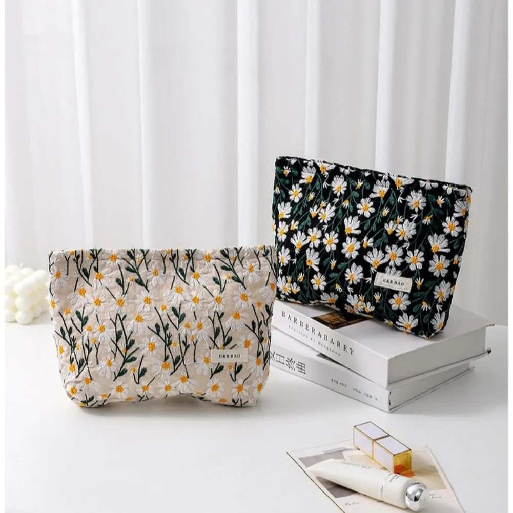 Aucuu Beauty Case Set di 2 Borse Cosmetiche Ricamate Floreali, 26x18cm e 19x18cm, Nero - immagine 8