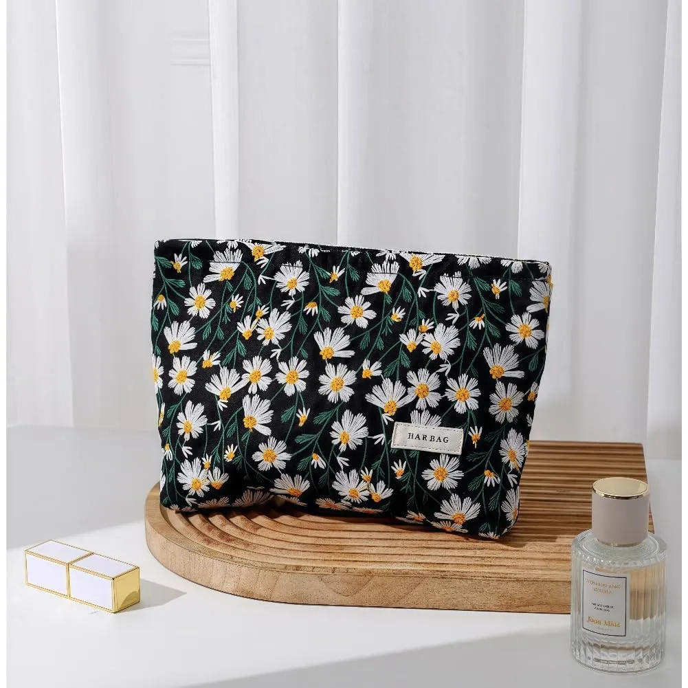 Aucuu Beauty Case Set di 2 Borse Cosmetiche Ricamate Floreali, 26x18cm e 19x18cm, Nero - immagine 9