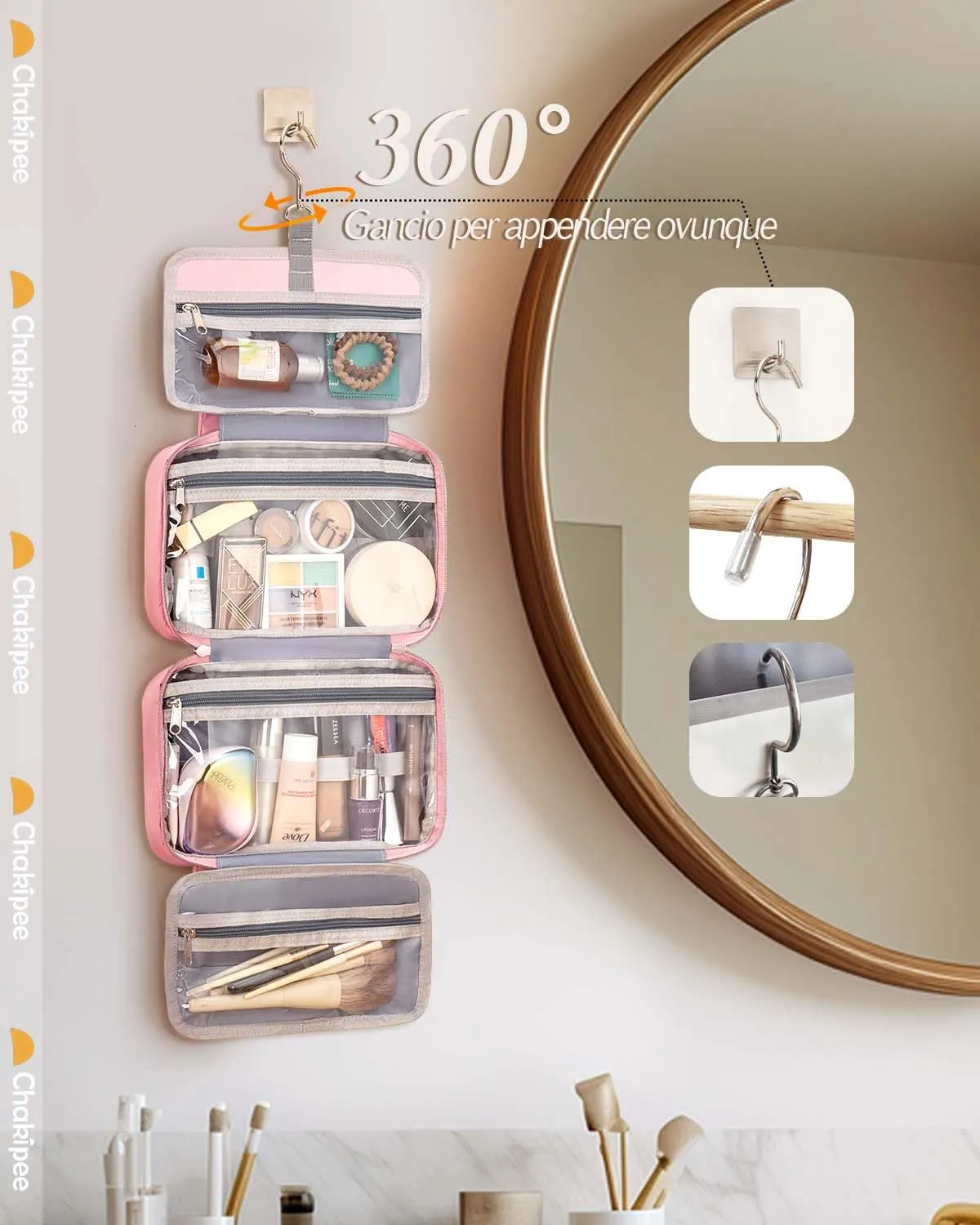 Chakipee Beauty Case da Viaggio da Appendere, Organizer Trucchi Impermeabile con Finestra Trasparente, Rosa Scuro, Media - immagine 2
