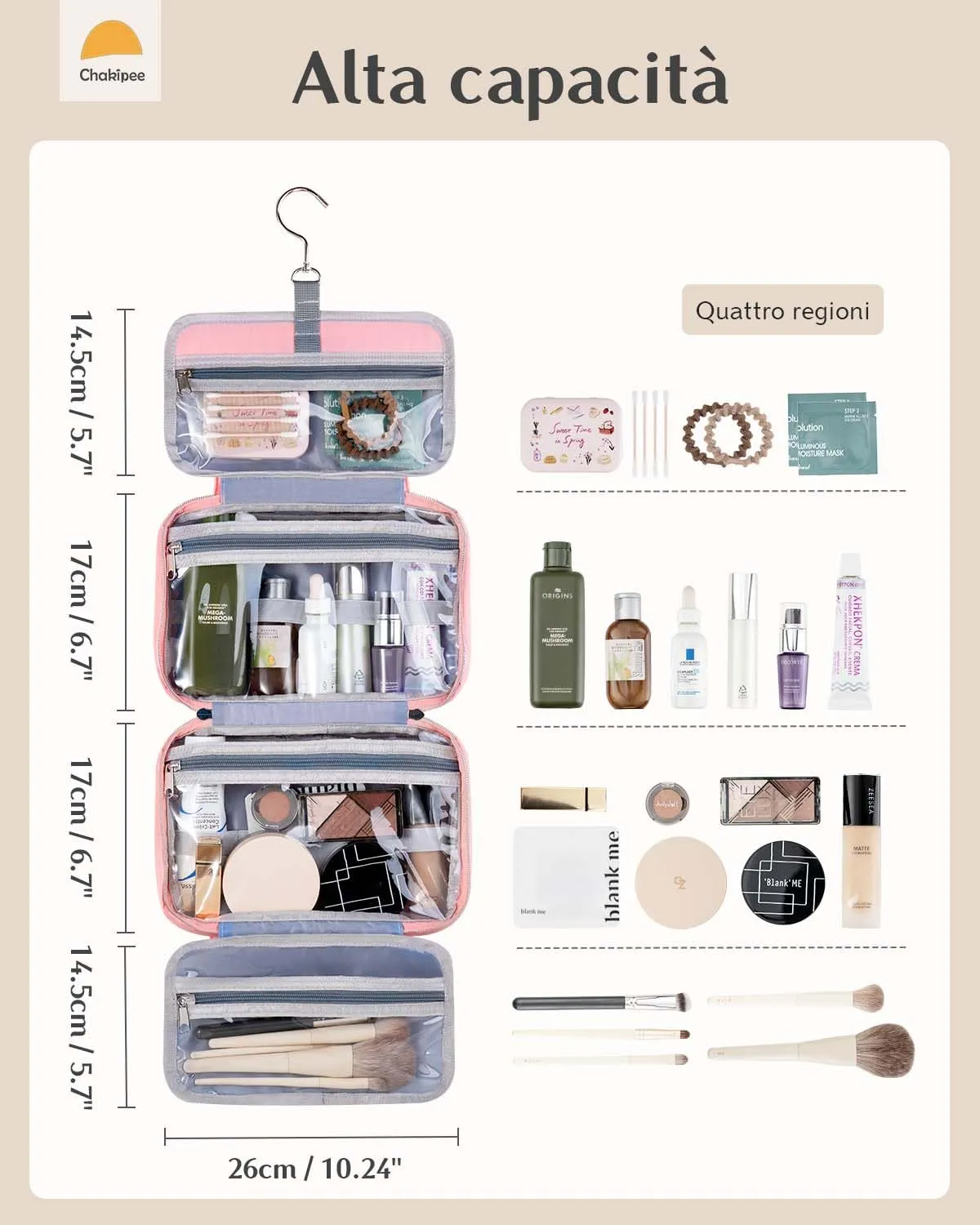 Chakipee Beauty Case da Viaggio da Appendere, Organizer Trucchi Impermeabile con Finestra Trasparente, Rosa Scuro, Media - immagine 3