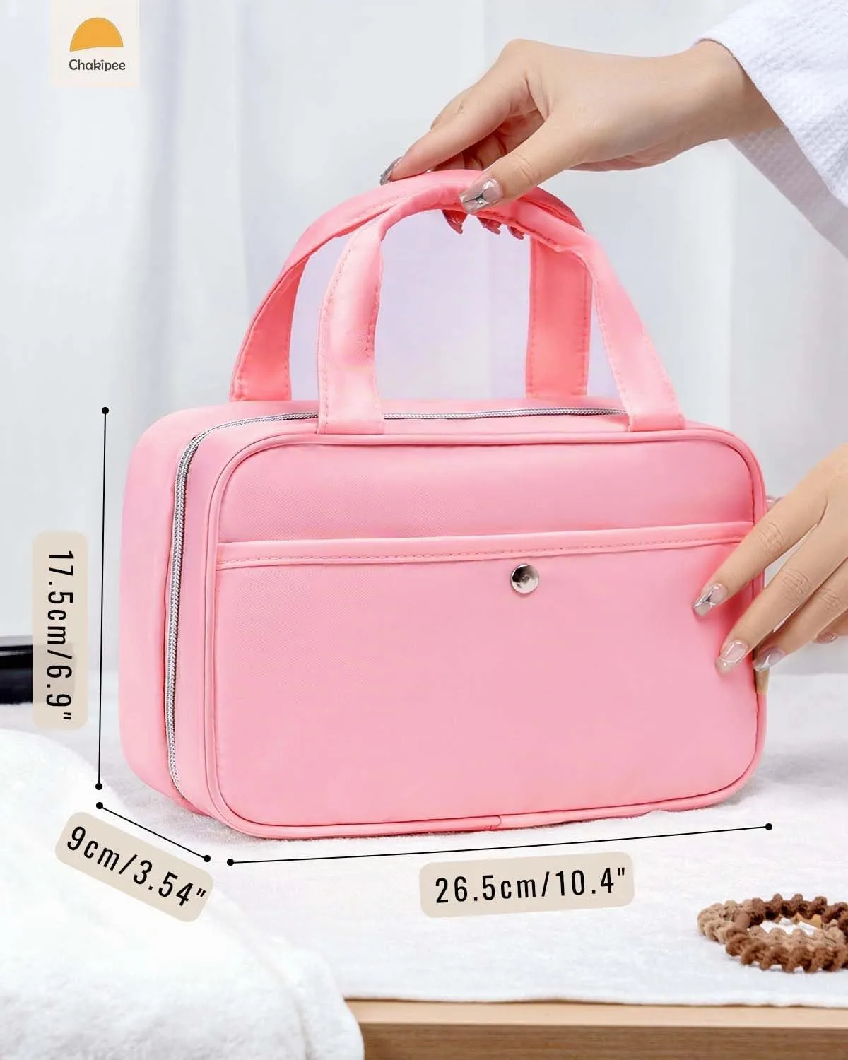 Chakipee Beauty Case da Viaggio da Appendere, Organizer Trucchi Impermeabile con Finestra Trasparente, Rosa Scuro, Media - immagine 6
