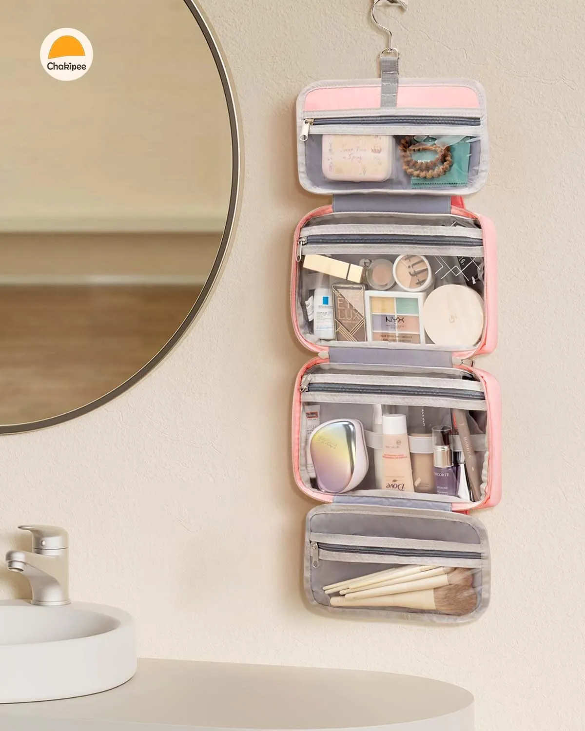 Chakipee Beauty Case da Viaggio da Appendere, Organizer Trucchi Impermeabile con Finestra Trasparente, Rosa Scuro, Media - immagine 7