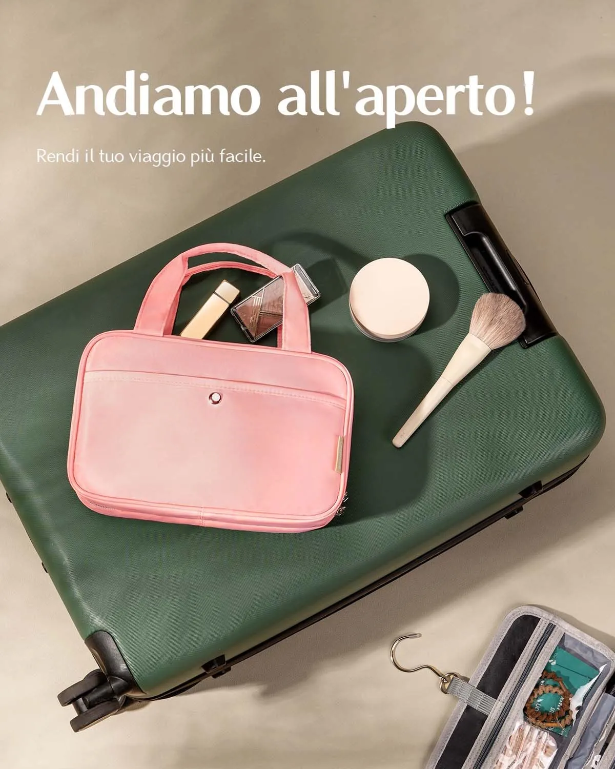 Chakipee Beauty Case da Viaggio da Appendere, Organizer Trucchi Impermeabile con Finestra Trasparente, Rosa Scuro, Media - immagine 8