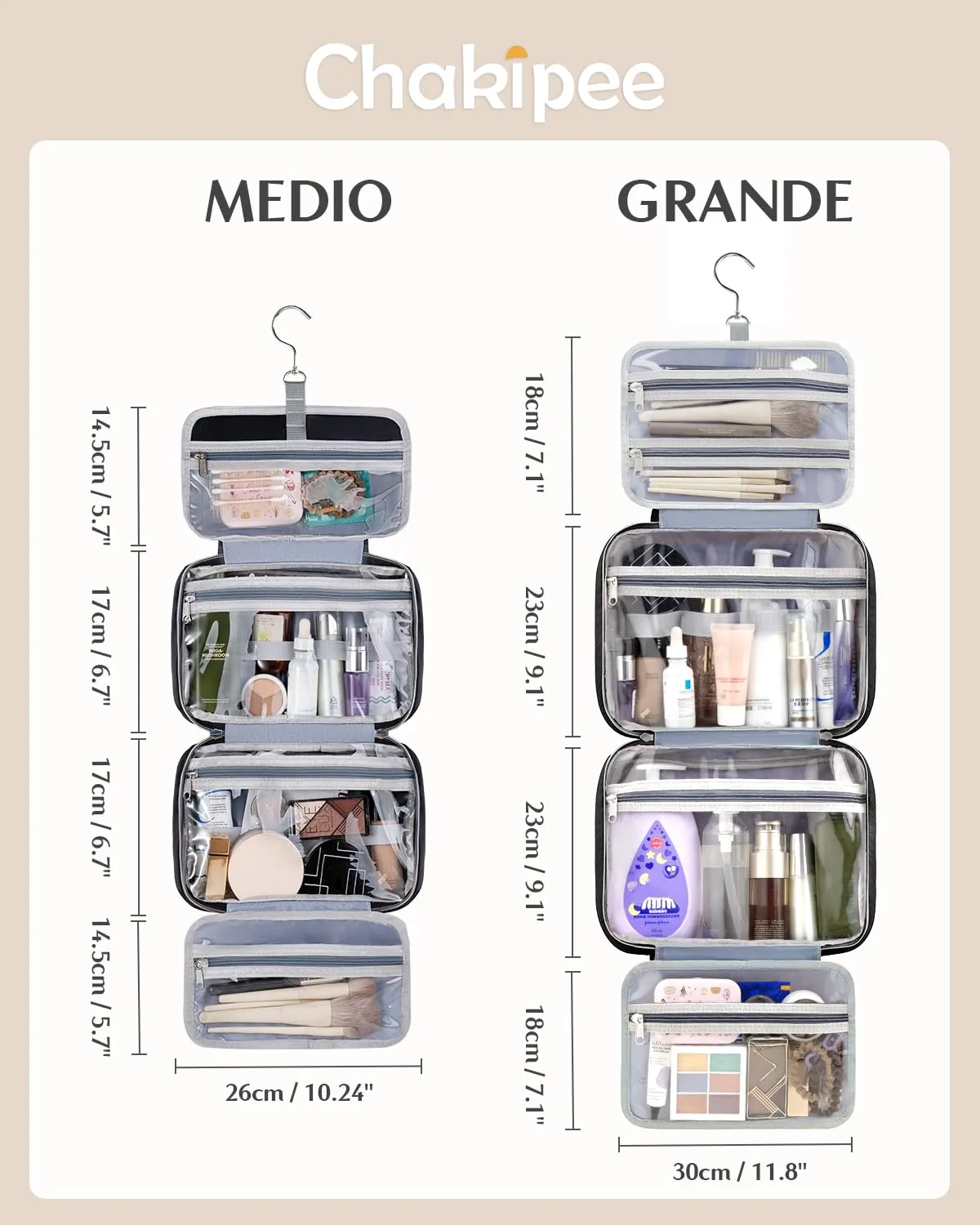 Chakipee Beauty Case da Viaggio da Appendere, Organizer Trucchi Impermeabile con Finestra Trasparente, Nero, Grande - immagine 3