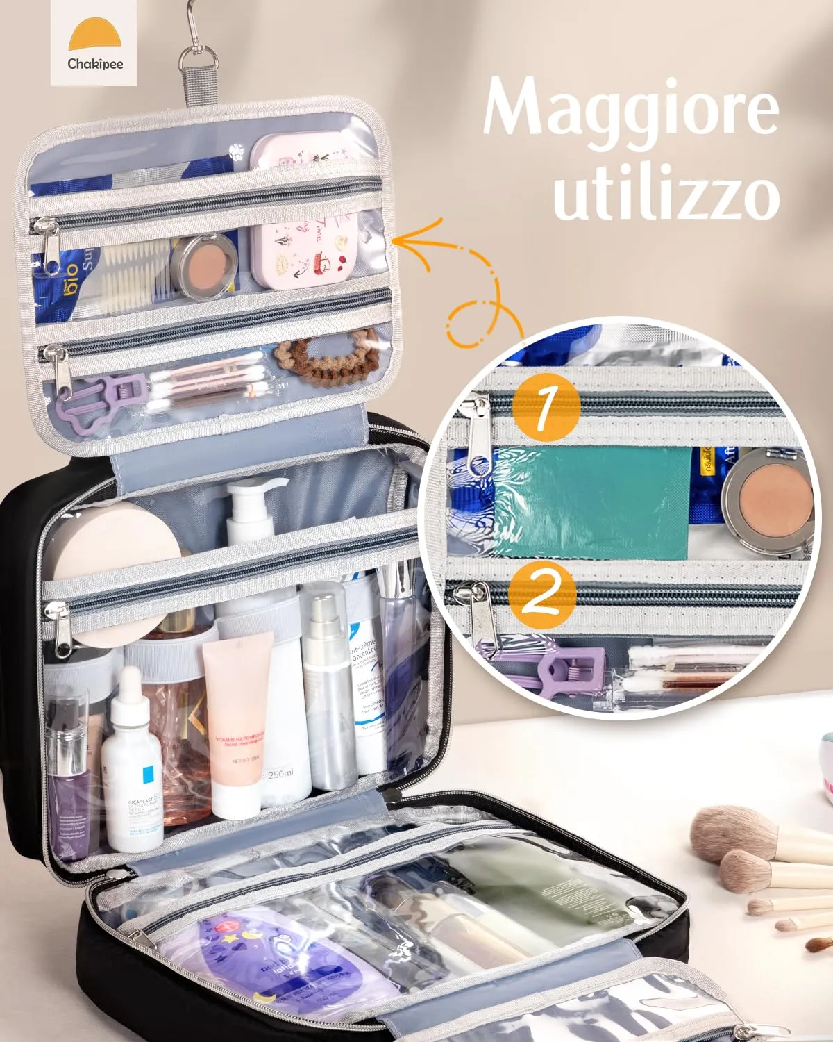 Chakipee Beauty Case da Viaggio da Appendere, Organizer Trucchi Impermeabile con Finestra Trasparente, Nero, Grande - immagine 4