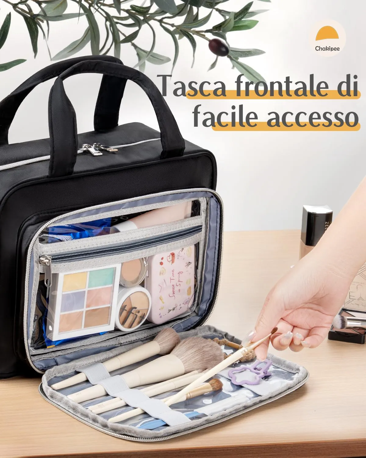 Chakipee Beauty Case da Viaggio da Appendere, Organizer Trucchi Impermeabile con Finestra Trasparente, Nero, Grande - immagine 5