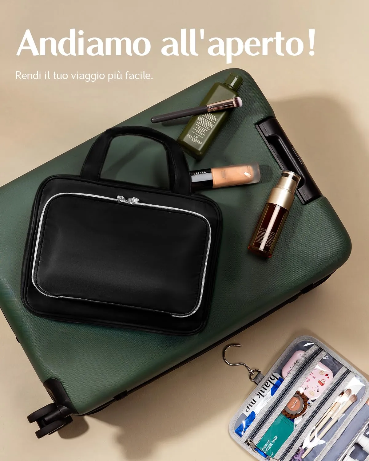 Chakipee Beauty Case da Viaggio da Appendere, Organizer Trucchi Impermeabile con Finestra Trasparente, Nero, Grande - immagine 6