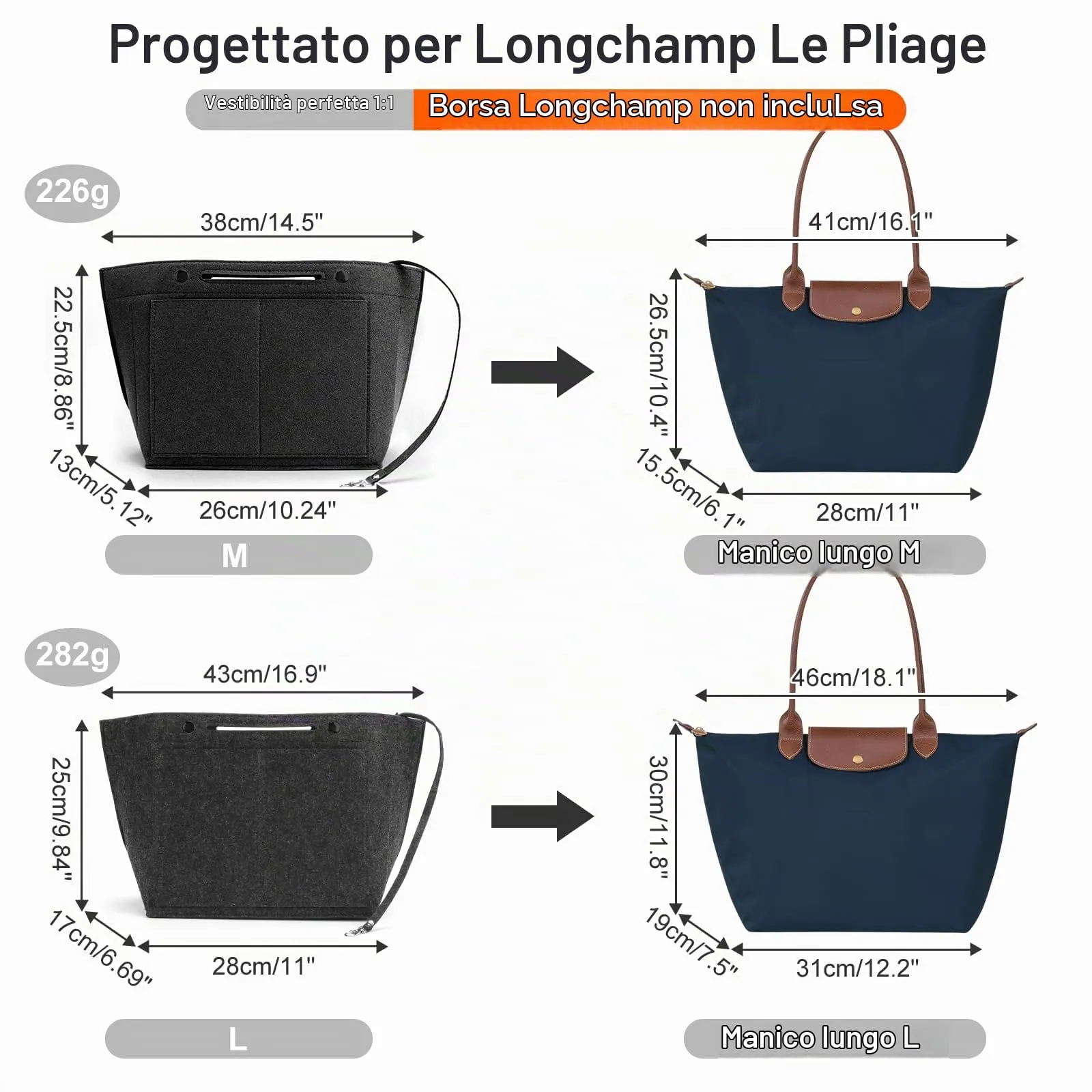 ZOLGINAH Organizer in Feltro per Borsa Longchamp Le Pliage, con Scomparto Estraibile e Portachiavi, Grigio Scuro, L - immagine 2
