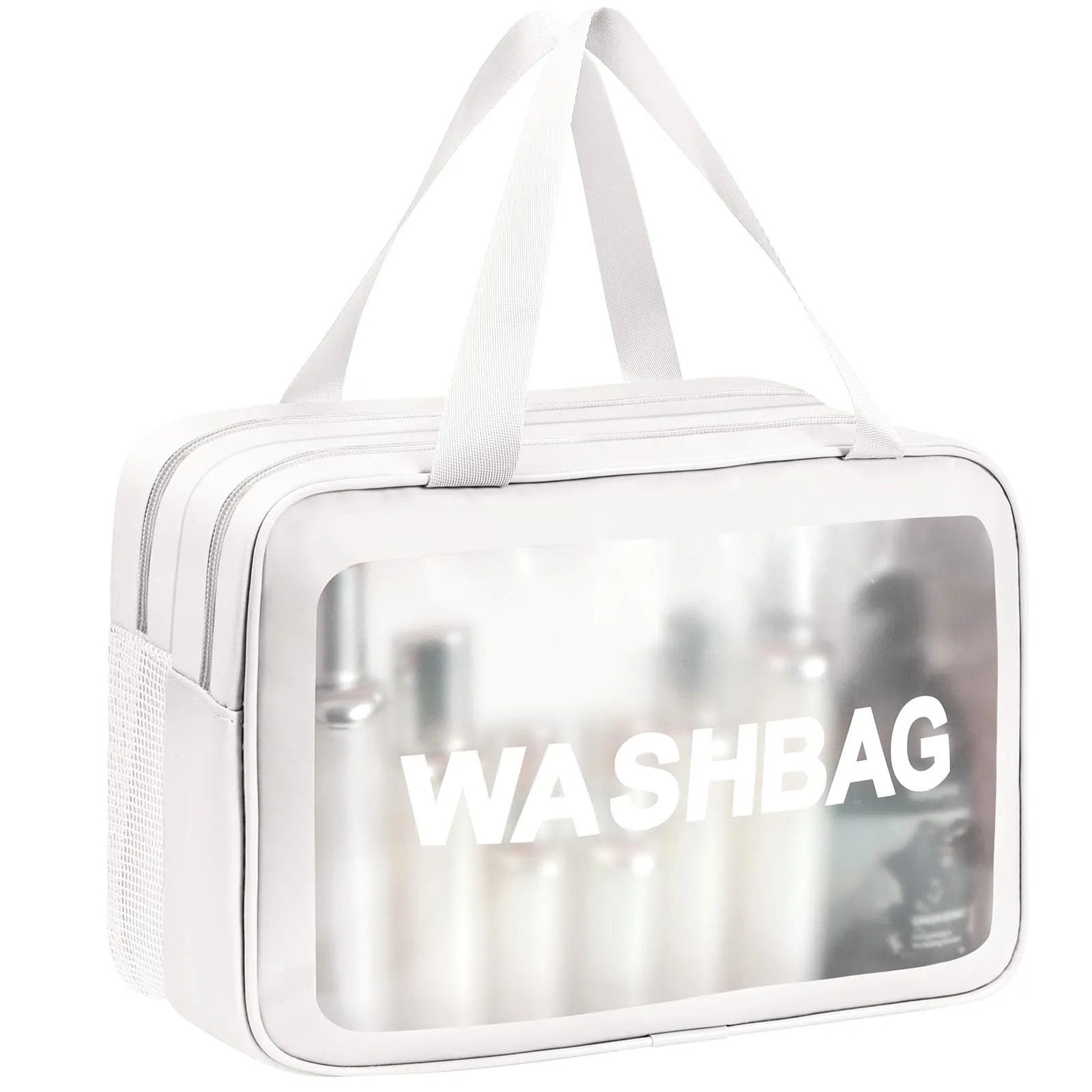 Aucuu Borse Da Toilette Trasparente in PVC e PU Impermeabile, Beauty Case da Viaggio con Scomparti Umido e Asciutto, Bianco - immagine 1