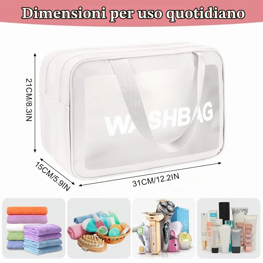 Aucuu Borse Da Toilette Trasparente in PVC e PU Impermeabile, Beauty Case da Viaggio con Scomparti Umido e Asciutto, Bianco - immagine 2