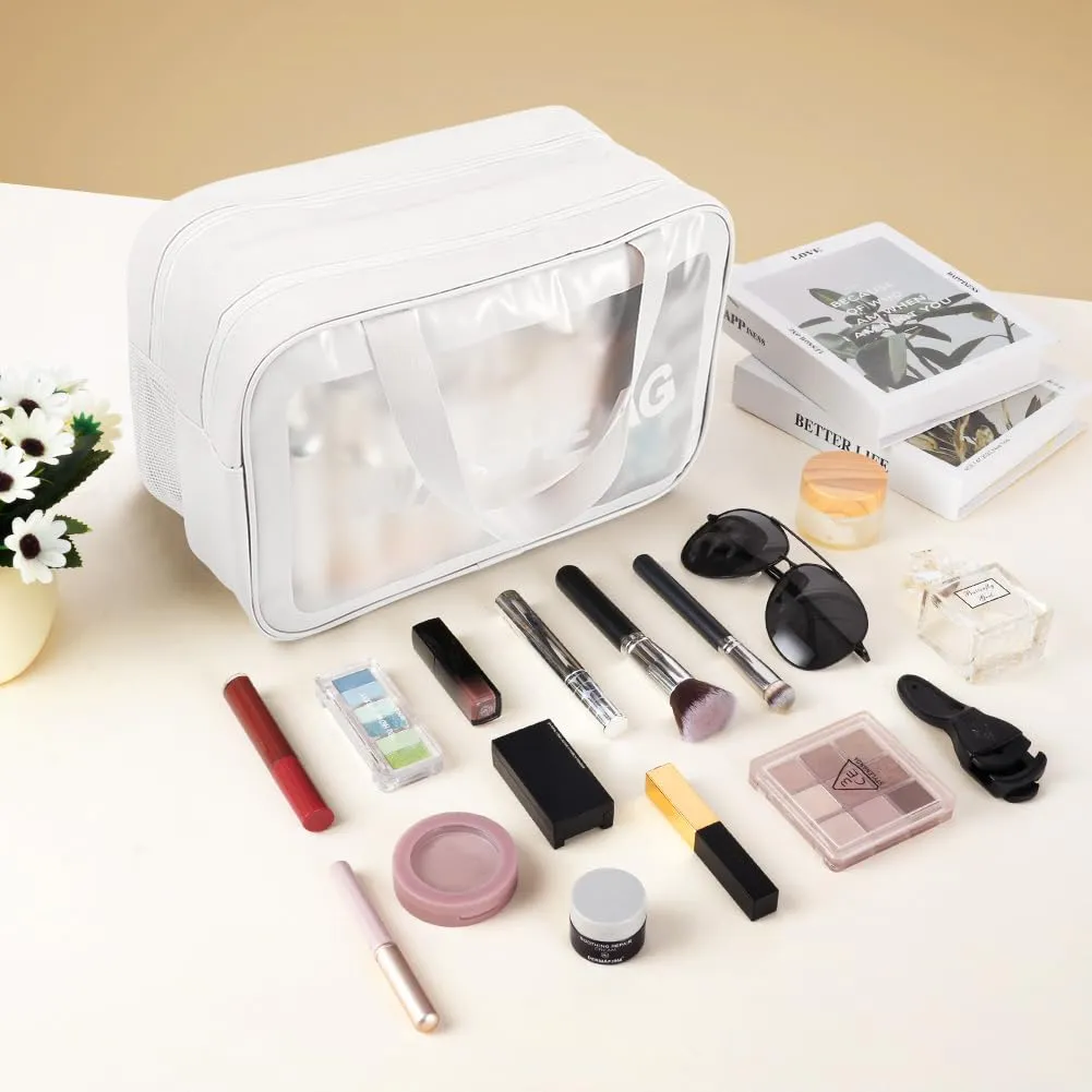 Aucuu Borse Da Toilette Trasparente in PVC e PU Impermeabile, Beauty Case da Viaggio con Scomparti Umido e Asciutto, Bianco - immagine 5