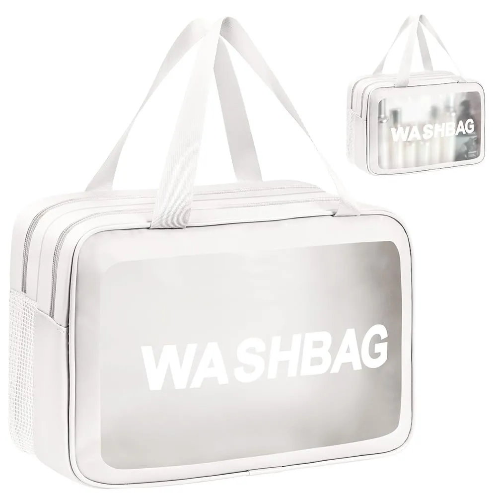 Aucuu Borse Da Toilette Trasparente in PVC e PU Impermeabile, Beauty Case da Viaggio con Scomparti Umido e Asciutto, Bianco - immagine 8