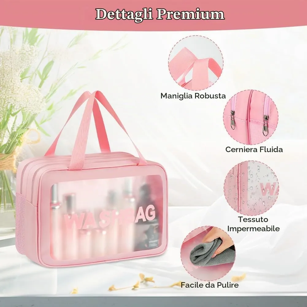 Aucuu Beauty Case Trasparente in PVC e PU, Borsa Cosmetici da Viaggio Impermeabile con Separazione Umido e Asciutto - immagine 3