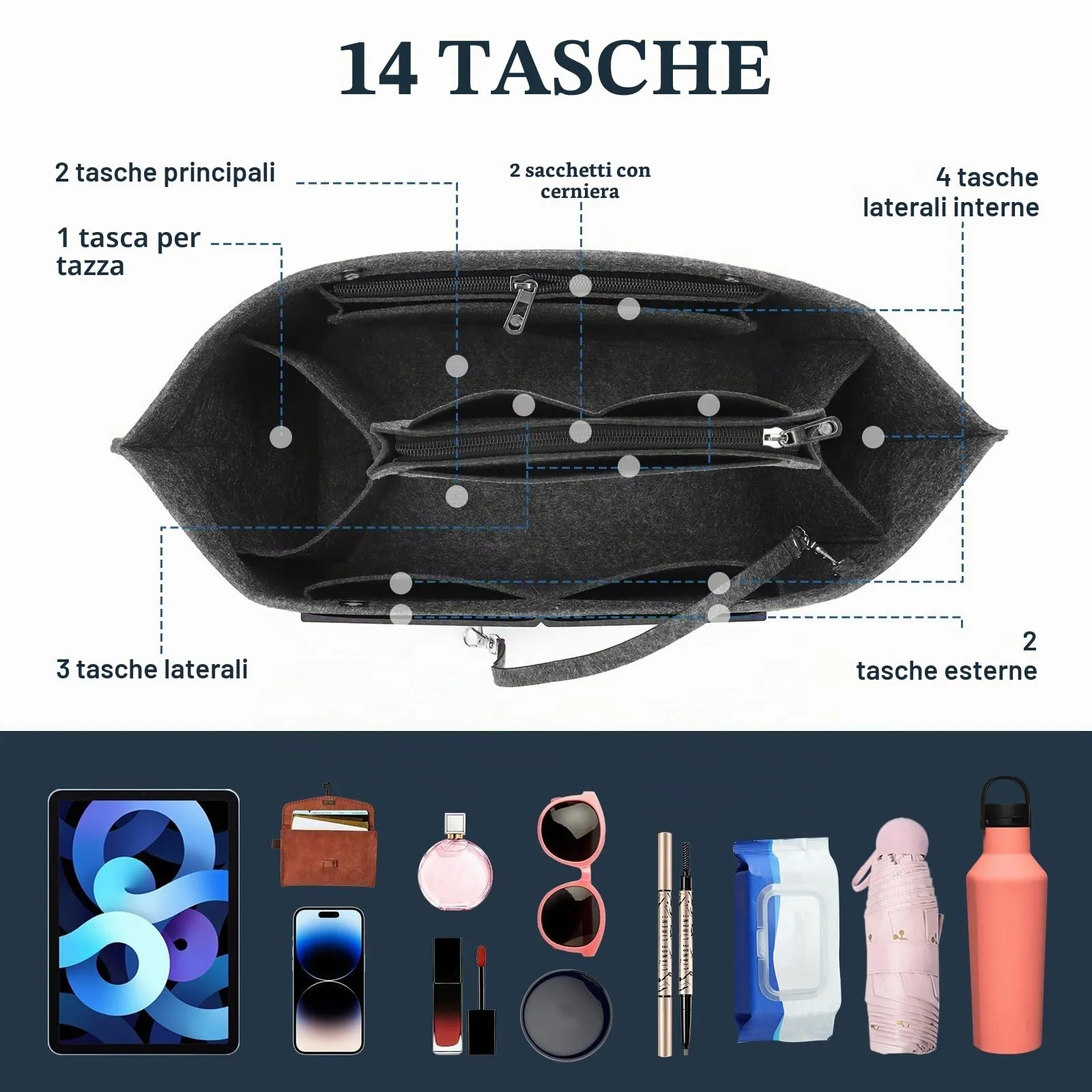 AIDUCHO Organizer da Borsa in Feltro per Longchamp, Grigio Scuro, M - immagine 3