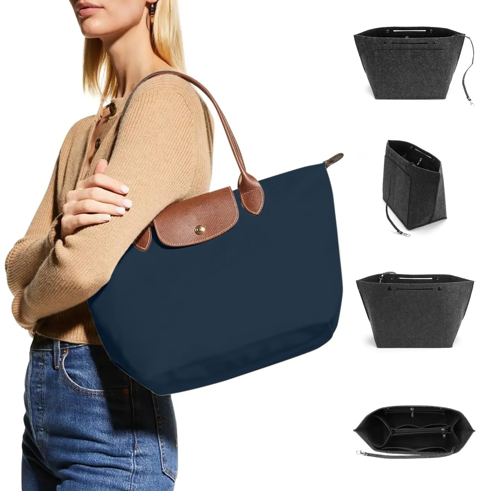 AIDUCHO Organizer da Borsa in Feltro per Longchamp, Grigio Scuro, M - immagine 7