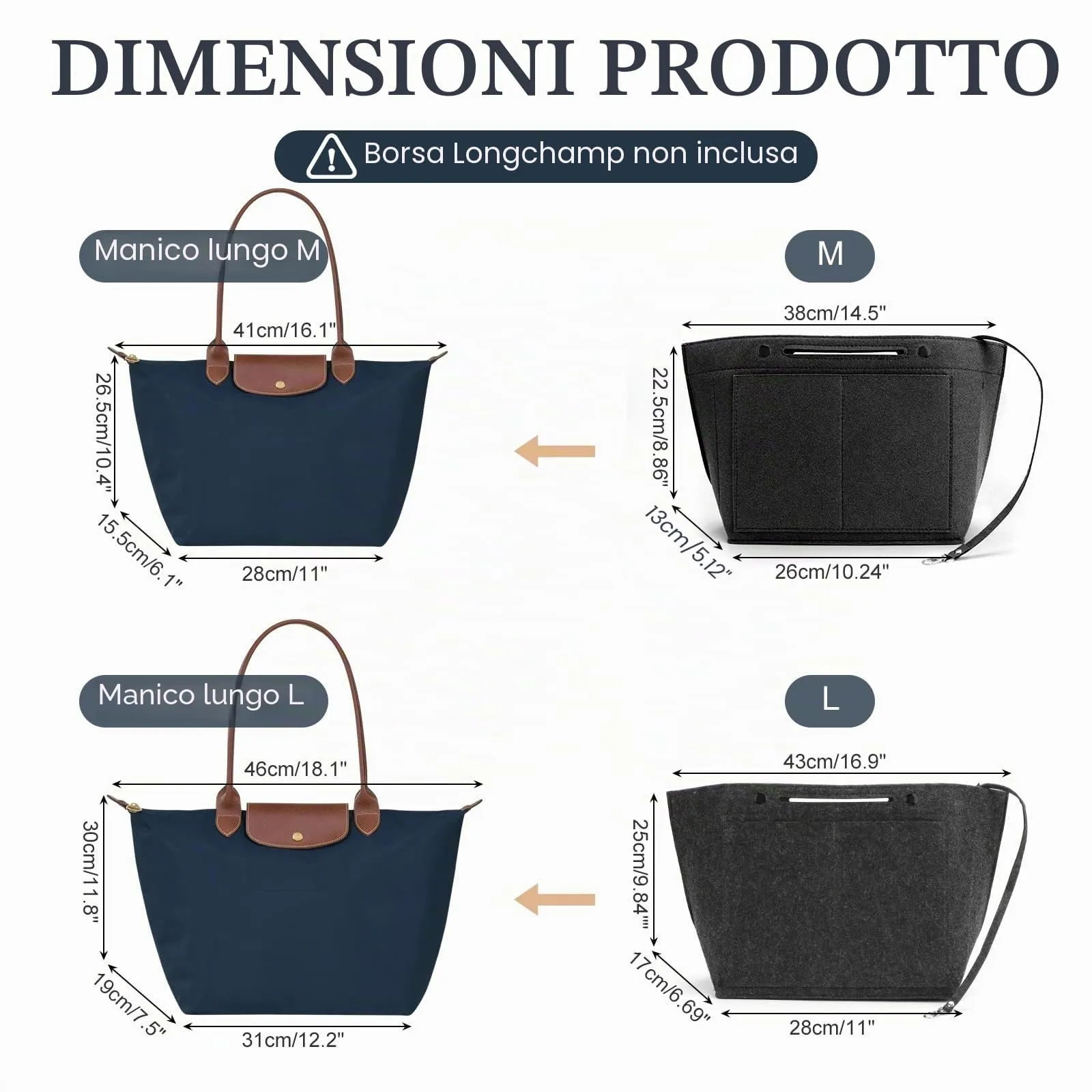 AIDUCHO Organizer da Borsa in Feltro per Longchamp, Grigio Scuro, L - immagine 2