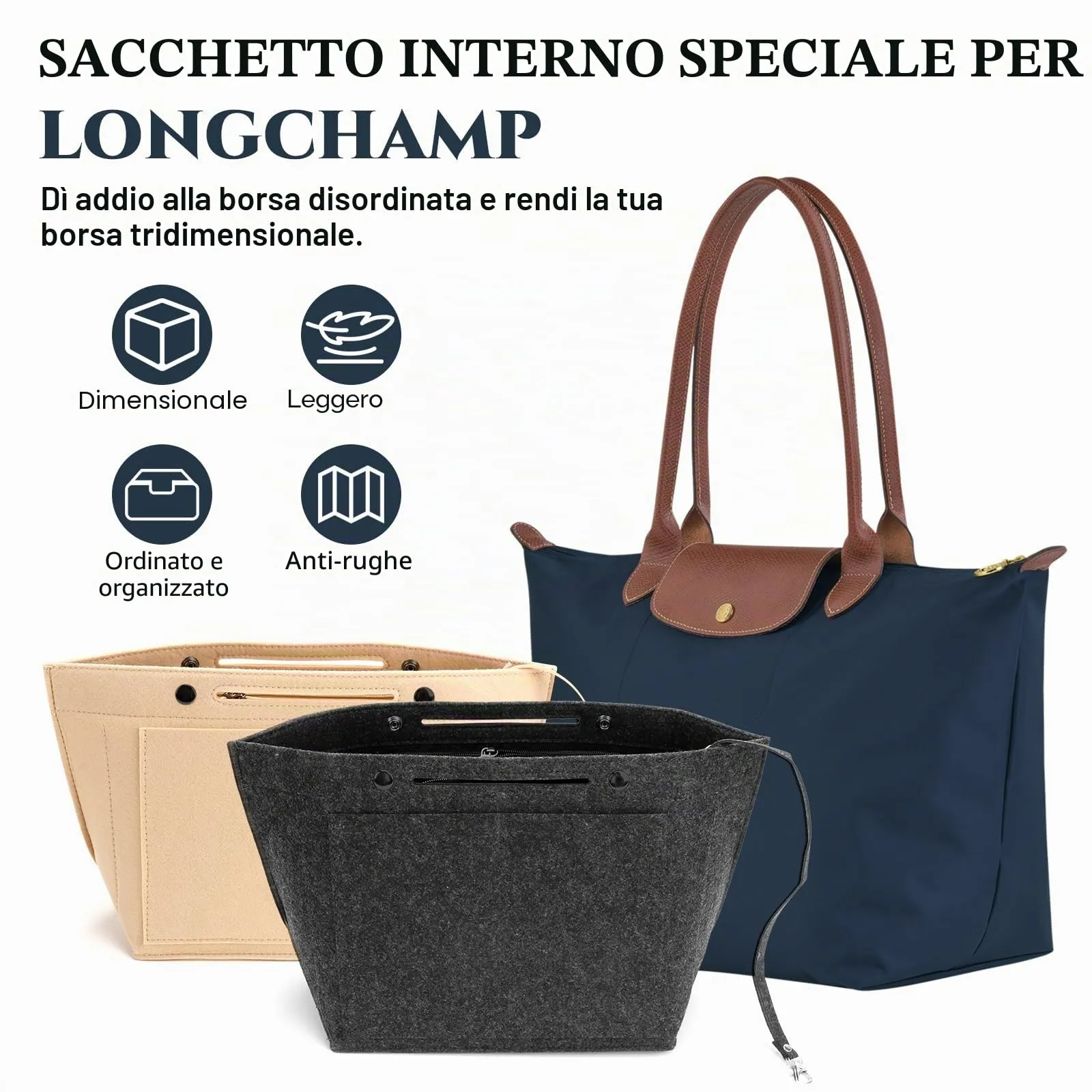AIDUCHO Organizer da Borsa in Feltro per Longchamp, Grigio Scuro, L - immagine 6