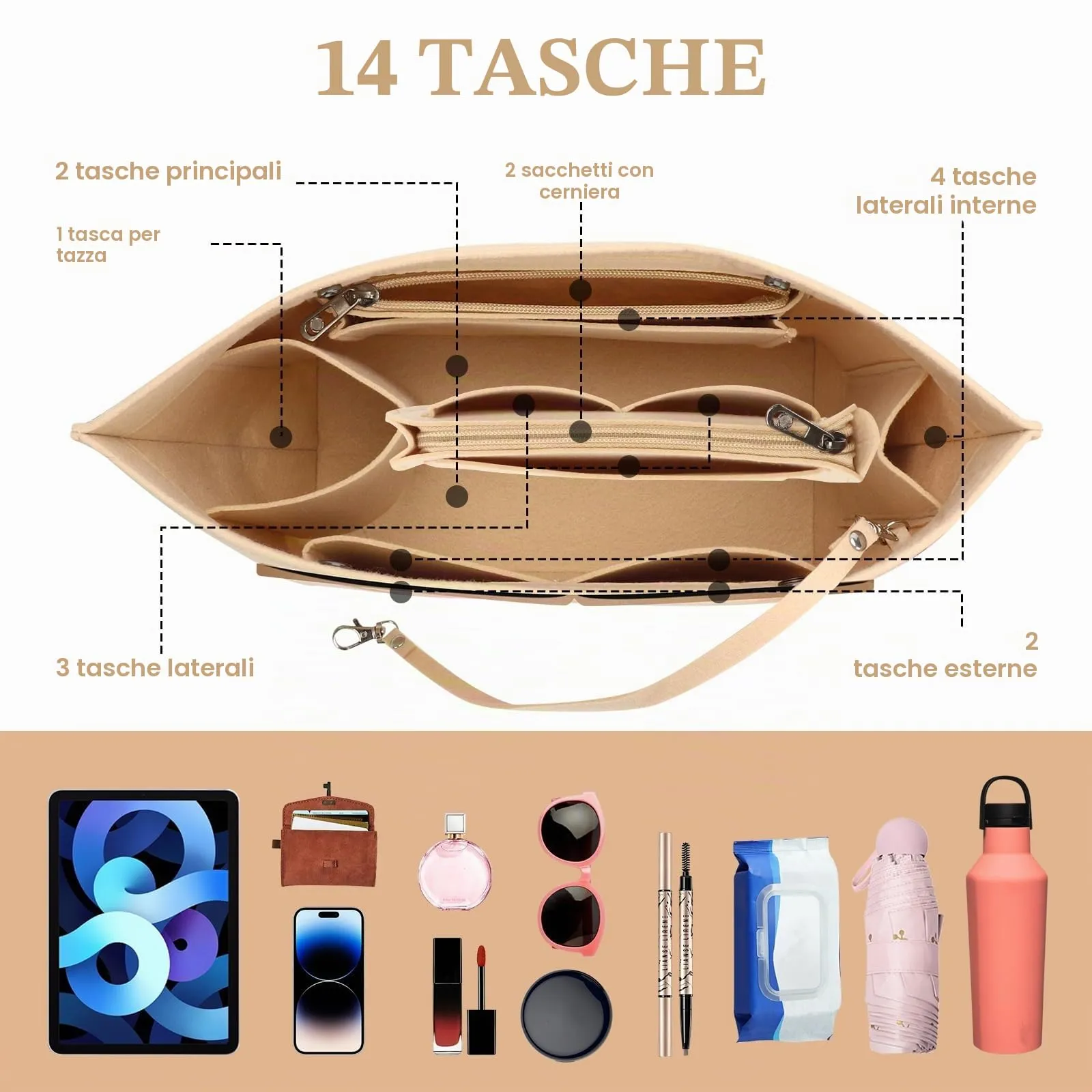 AIDUCHO Organizer in Feltro per Borse Longchamp, Beige, M - immagine 3