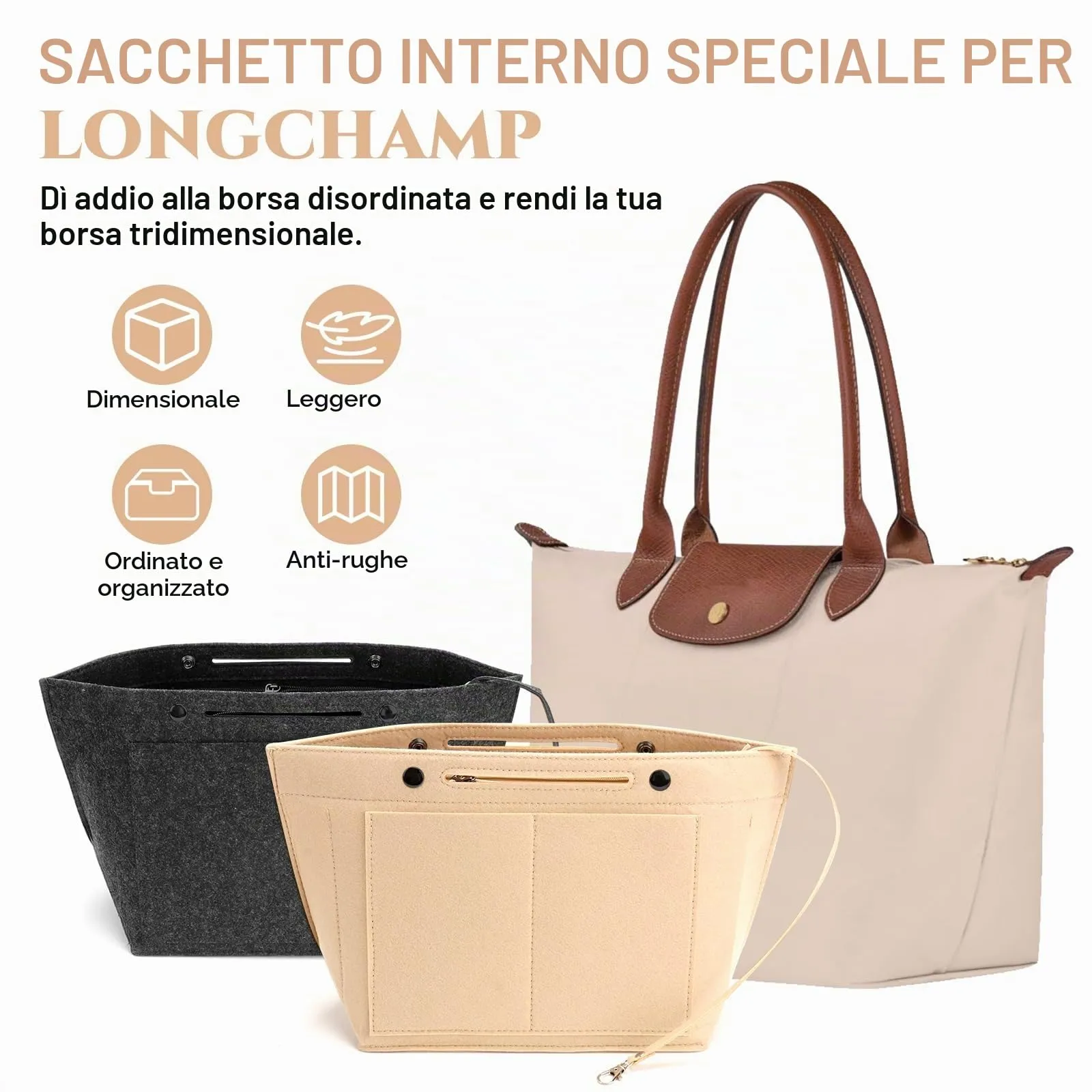 AIDUCHO Organizer in Feltro per Borse Longchamp, Beige, M - immagine 6
