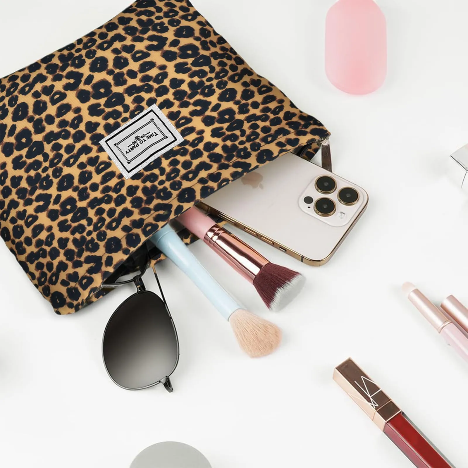 Aucuu Beauty Case da Viaggio, Set di 2 Borse per Cosmetici e Trucchi, Stampa Leopardata - immagine 4
